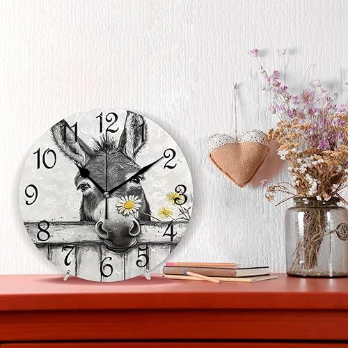 Miniatura 2 de Reloj de pared redondo de madera con flores de burro blanco y negro, silencioso, sin tictac, reloj de baño de 10 pulgadas, funciona con pilas, para