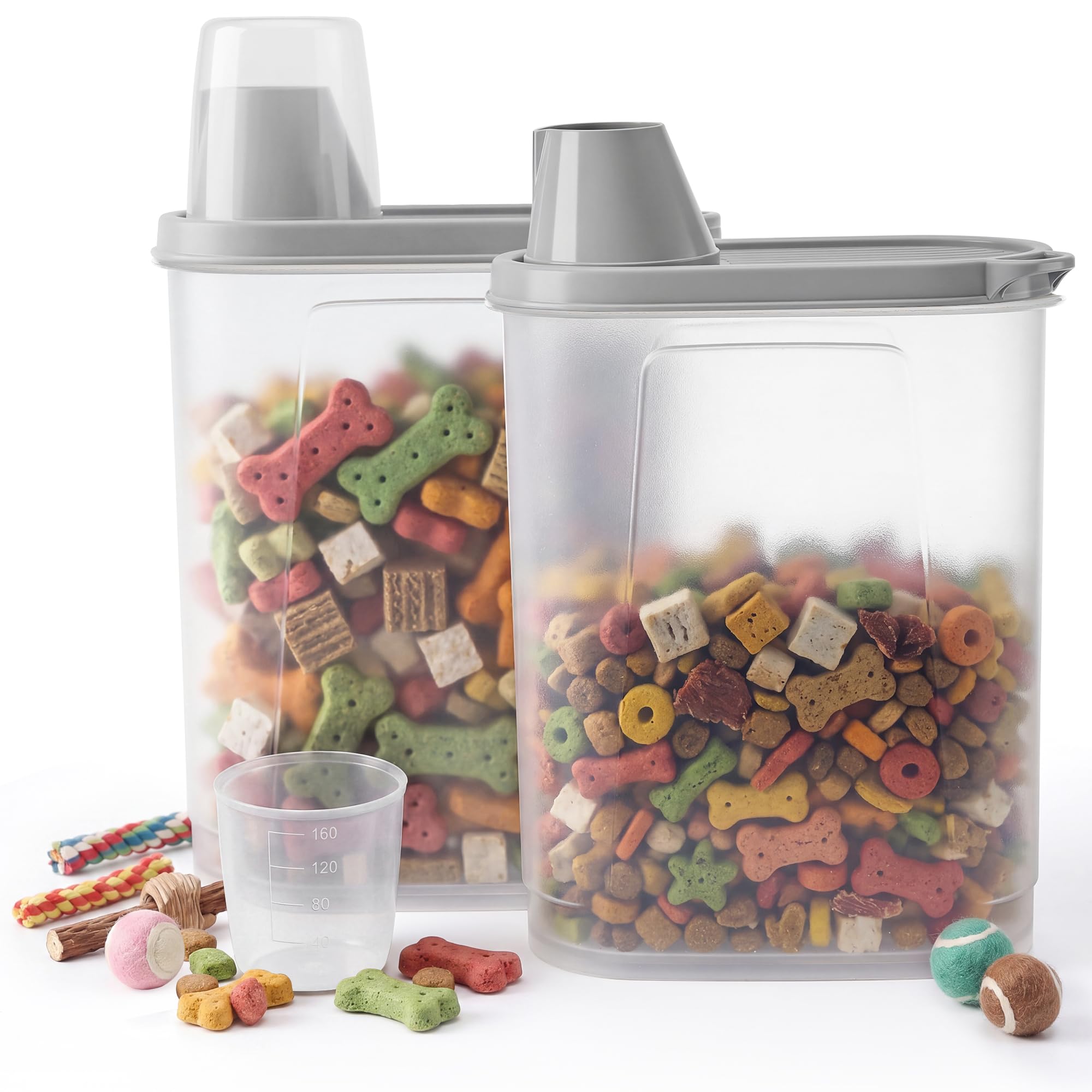 Citylife 2 Pack Dog Food Container Airtight Cat Pet Food Storage Container with Measuring Cup Pour Spout Food Dispenser for Dog, Cat, Bird, 16.7 * 7.5 * 22.8 cm, 2 * 2.3 L (Grey) — image 1