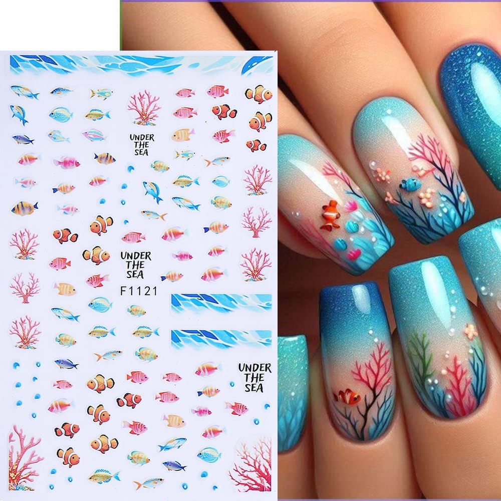 5 Pcs Ocean Sea Nail Stickers for Nail Art, 3D Self-Adhesive Starfish Fish Coral Nail Decals, Summer Nail Supplies Nail Art Design Accessories for Women and Girls Manicure DIY Decoration - Image 5