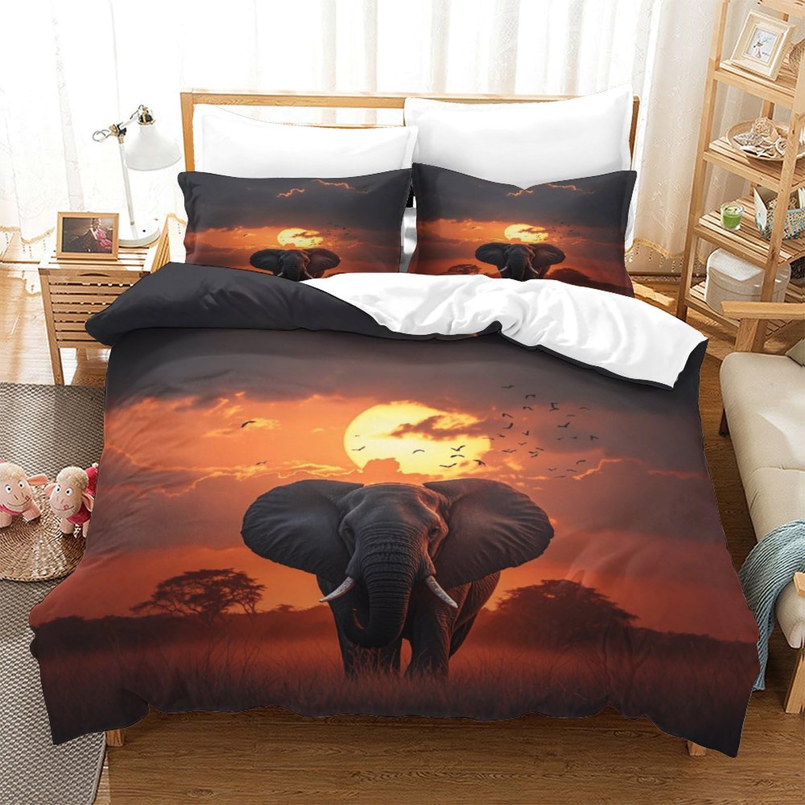 XiaopangXY Skin-friendly Elephant Duvet Cover, 3D Print African Grassland Comforter Cover with Hidden Zipper, Soft & Indelible King（220x240cm） Bedding Set, Warmth to Sleep for Childs & Adults