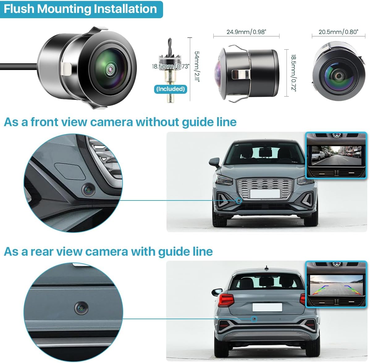 Diagram showing flush mounting installation with dimensions and examples for front and rear view