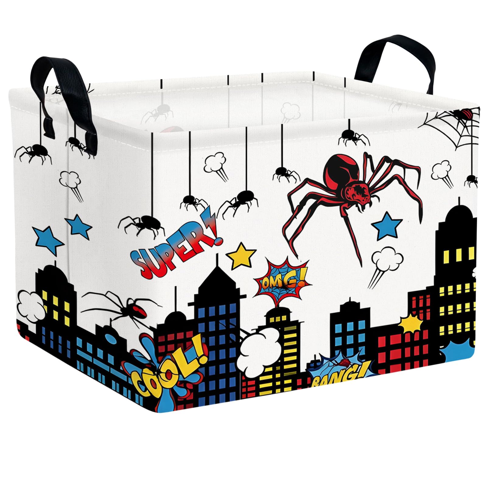 Cool Basket for Boys &amp; Kids Home Decor Rectangular Toy Basket Canvas Cute Baby Basket for Toys, Books, Blankets &amp; More (City Skyline Spider Web)