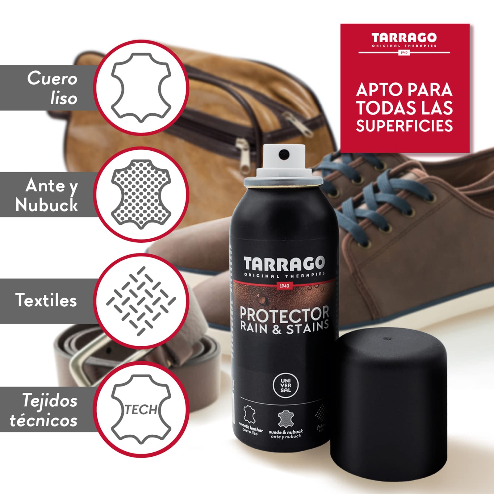 Tarrago Protector Universal 100 ml – Spray Impermeabilizante Invisible para Calzado y Prendas | Cuero, Ante, Nobuck y Textiles | Repele Agua y Suciedad | Mantiene la Transpirabilidad | Incoloro