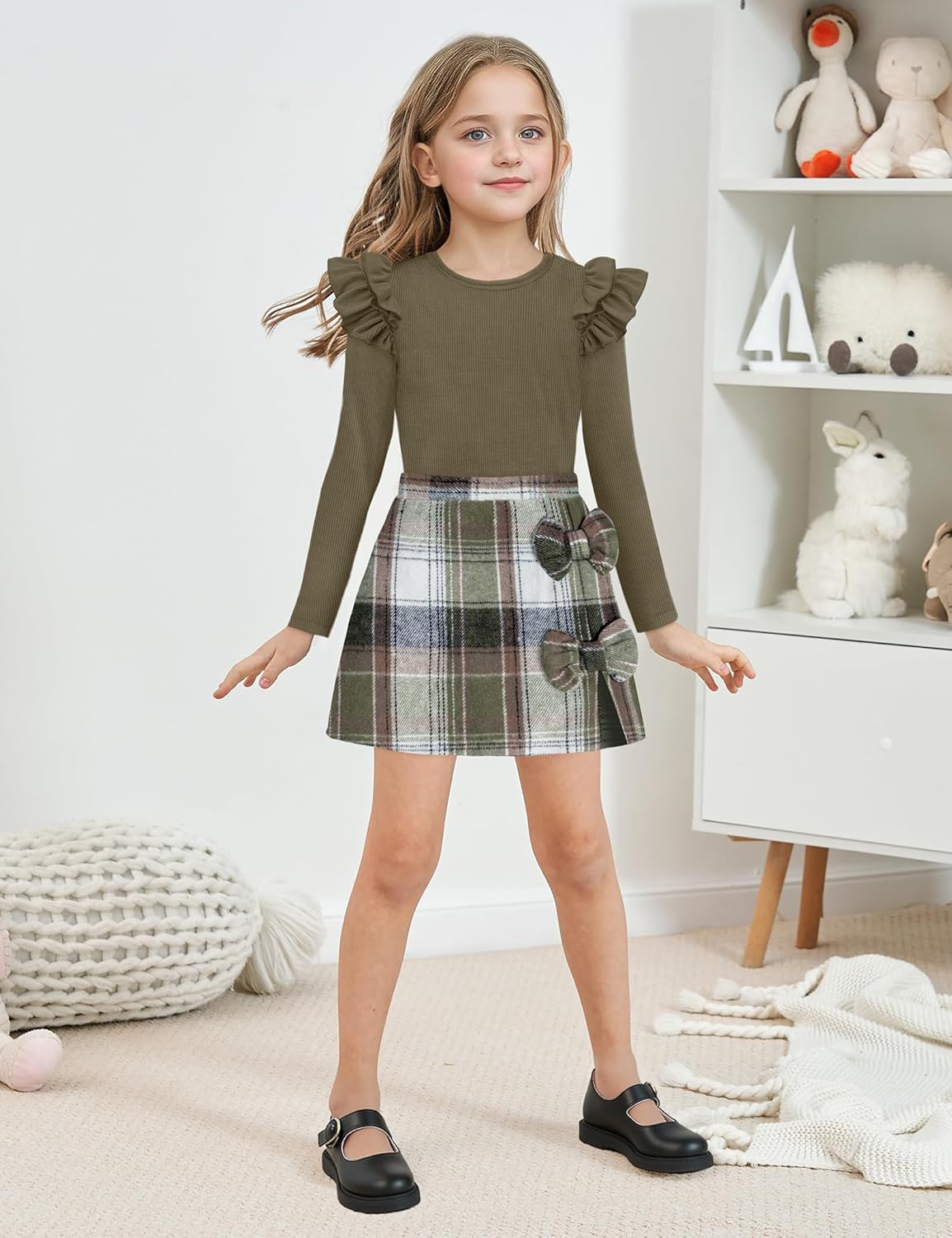 Girls Clothes Long Sleeve Ruffle Sleeve Top and Plaid Skirt Set Fall Winter Girls Outfits 5-12Y - Image 3
