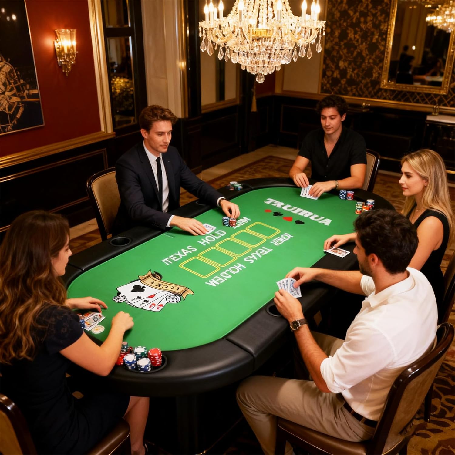 8 Player Folding Poker Table with 2 Interchangeable Game mats, Texas Holdem Poker and Blackjack, Collapsible Casino Table with Padded Rails and XXL Cup Holders for Wine and Whiskey Glasses (71 inch)