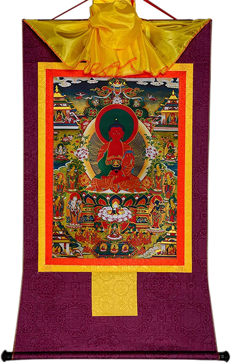 VHKJewE Amidabha in Pure Land,Elysium of Buddhism,Sukhavati, Buddhist Thangka Brocade(Purple,Medium(62cm*47cm))