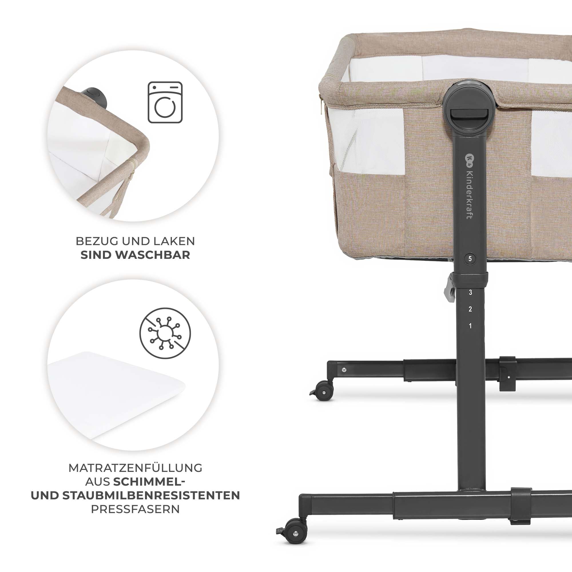 Kinderkraft NESTEE UP 2 Beistellbett 2 in 1, Kinderreisebett mit Matratze Laken, 5-stufige Matratzenhöhenverstellung, 4 Rädern mit Bremse, Weichen Material, Leichte Konstruktion, Beige
