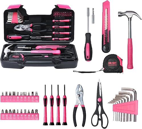 Kit de herramientas básicas de 39 piezas para mujeres, herramientas rosadas multiusos para el hogar, herramientas manuales para el hogar con caja de