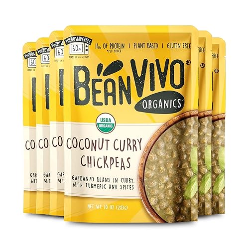 BeanVIVO - Paquete de 6 garbanzos orgánicos y curry de coco (10 onzas cada uno) - Sazonado y listo para comer, proteína vegetal, vegano, sin gluten,