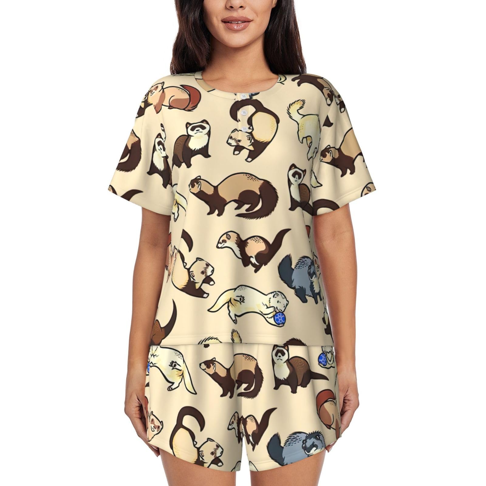 Edwal Women's Black Hairy Ferret Print Pajama Sets Lounge Wear Set Soft Loungewear Short-Sleeved Pjs And Shorts