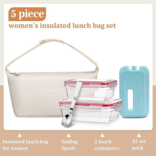 Miniatura 2 de Juego de bolsas de almuerzo para mujer, bolsa de almuerzo aislada de cuero para mujer, con 2 recipientes para lonchera, cuchara y bolsa de hielo, a