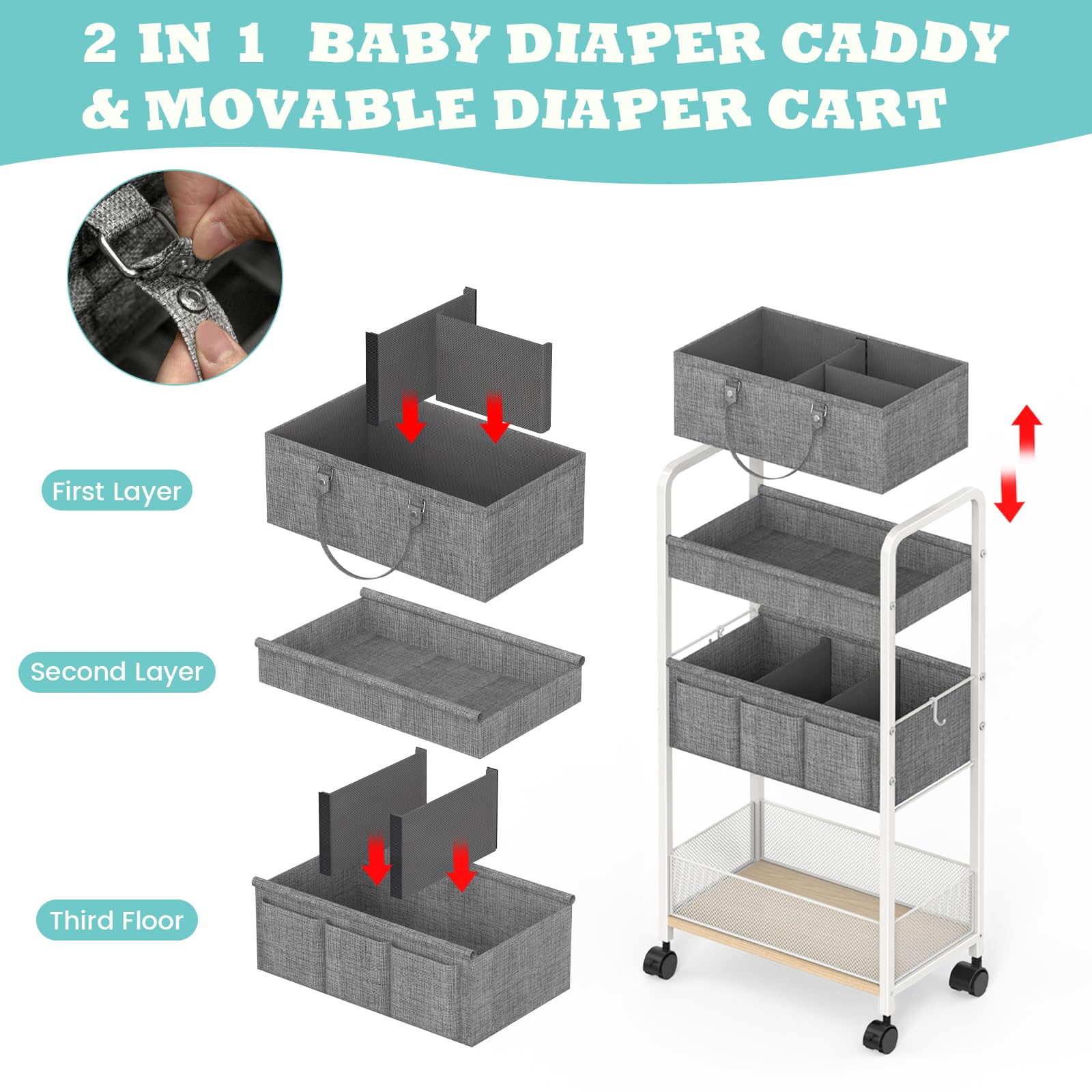 LIDTOP Carrito de pañales 2 en 1 para bebé y carrito de pañales con ruedas de 3 niveles, organizador con divisores, carrito de noche desmontable de metal para artículos esenciales del cuarto del bebé