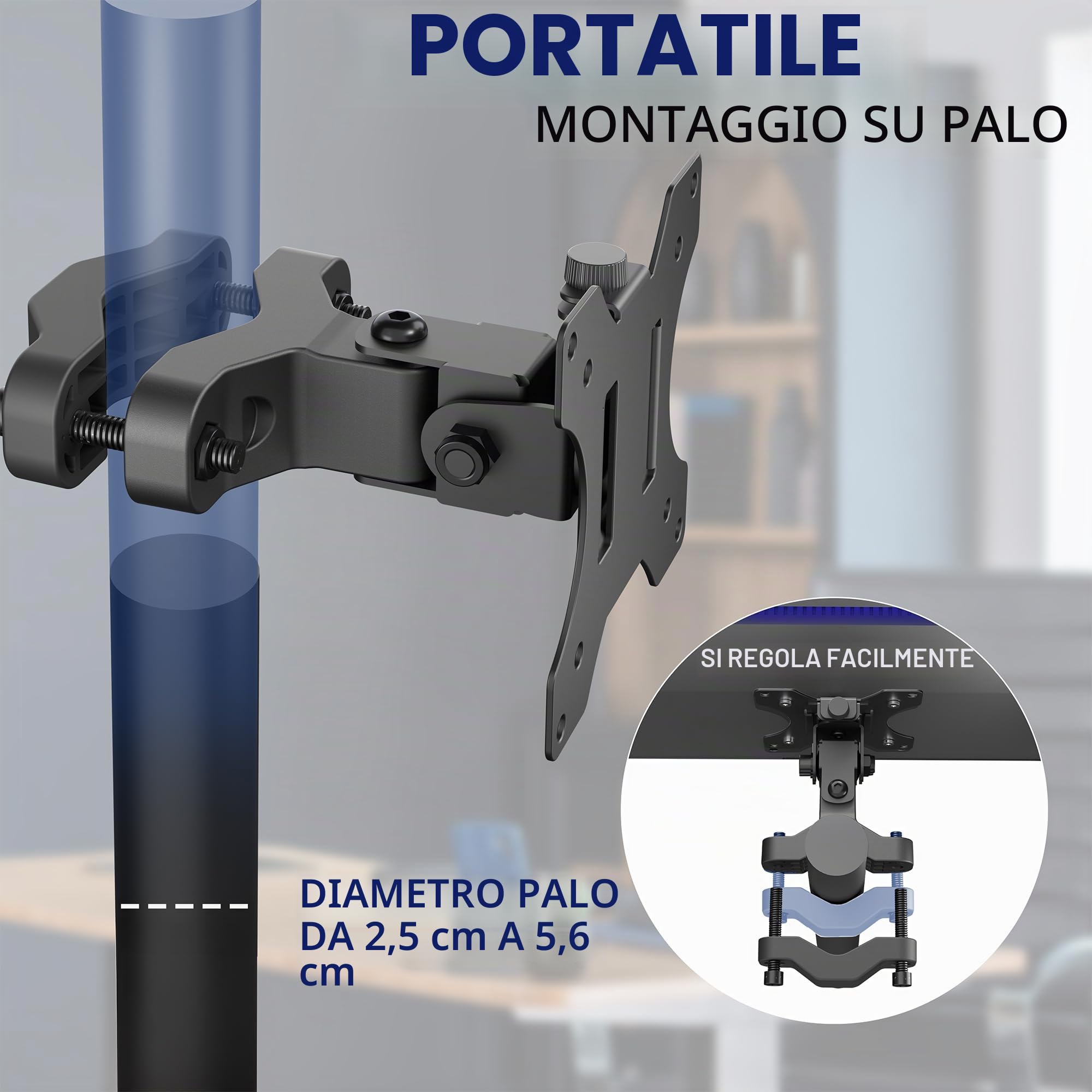VIVO MOUNT-POLE01 Staffa universale in acciaio per montaggio su palo con piastra VESA rimovibile da 75 mm e 100 mm, compatibile con schermi fino a 30", nero