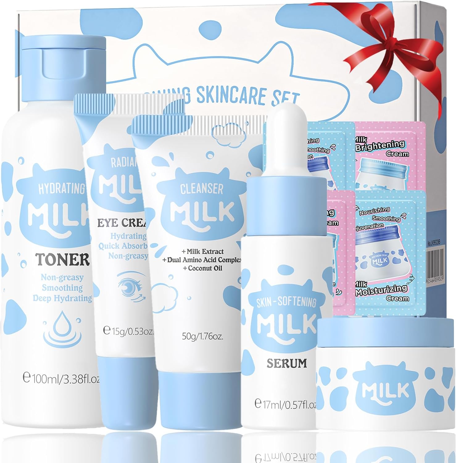 Milk Skin Care Sets & Kits – Teenage Girls Gifts – Milk Skincare Set For Kids – Gifts for Women with Cleanser, Toner, Serum, Eye Cream, Moisturizer & 4 Bag Moisturizing Cream, Deep Hydrating Smoothing