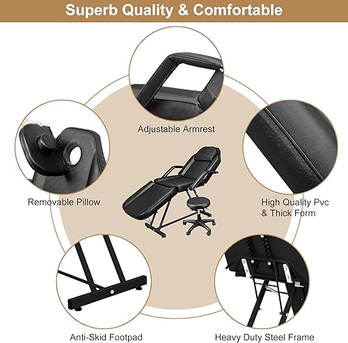 Miniatura 4 de Cama de belleza, mesa de masaje ajustable de 3 secciones para tatuaje, cama de salón con taburete hidráulico giratorio de 360 grados, cama de masaje