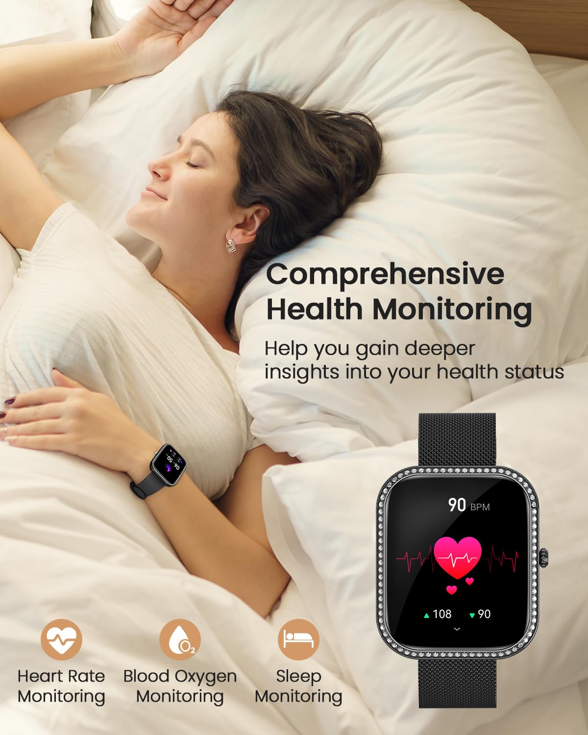 BANLVS Smartwatch Donna con Chiamate, 1,75” Orologio Fitness con 270 Quadranti, 130 Sport, Smart Watch Fisiologia Femminile SpO2 Cardiofrequenzimetro Sonno Calorie Android iOS Nero Regalo Natale Donna