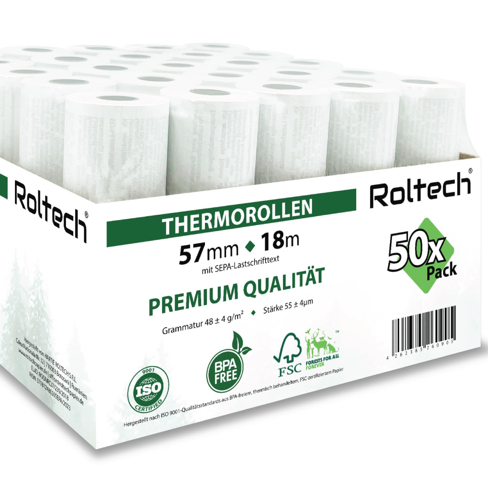 50 Thermorollen | 57mm x 18m x 12mm | mit SEPA-Lastschrifttext | für Ingenico, Verifone, CCV | EC Cash | Thermopapier | Bonrollen | Premium Qualität