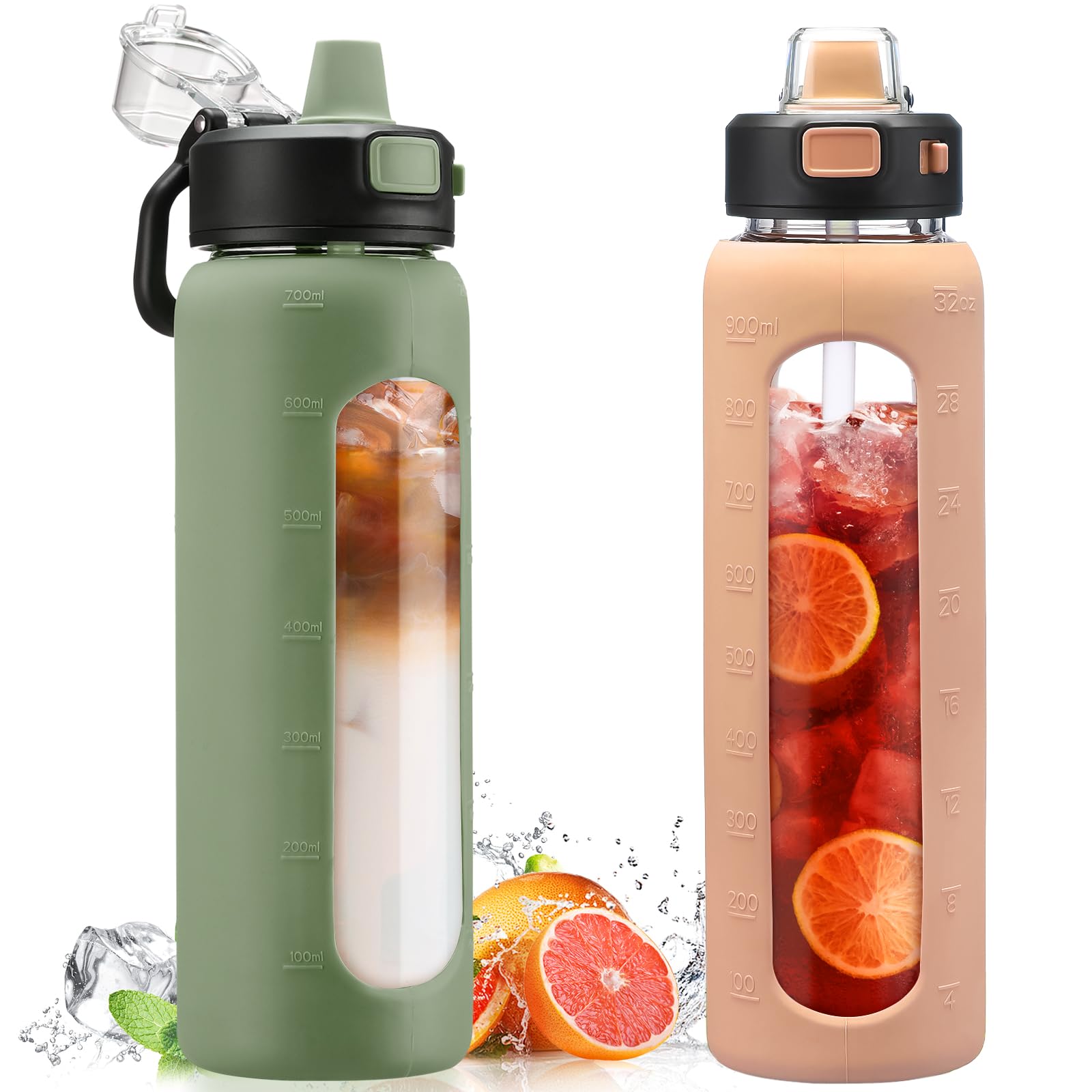 KodrineWater Bottle With Straw 24 oz Glass Water Bottle with Soft Silicone Spout Plus 32 oz Bottle Olive & Amber