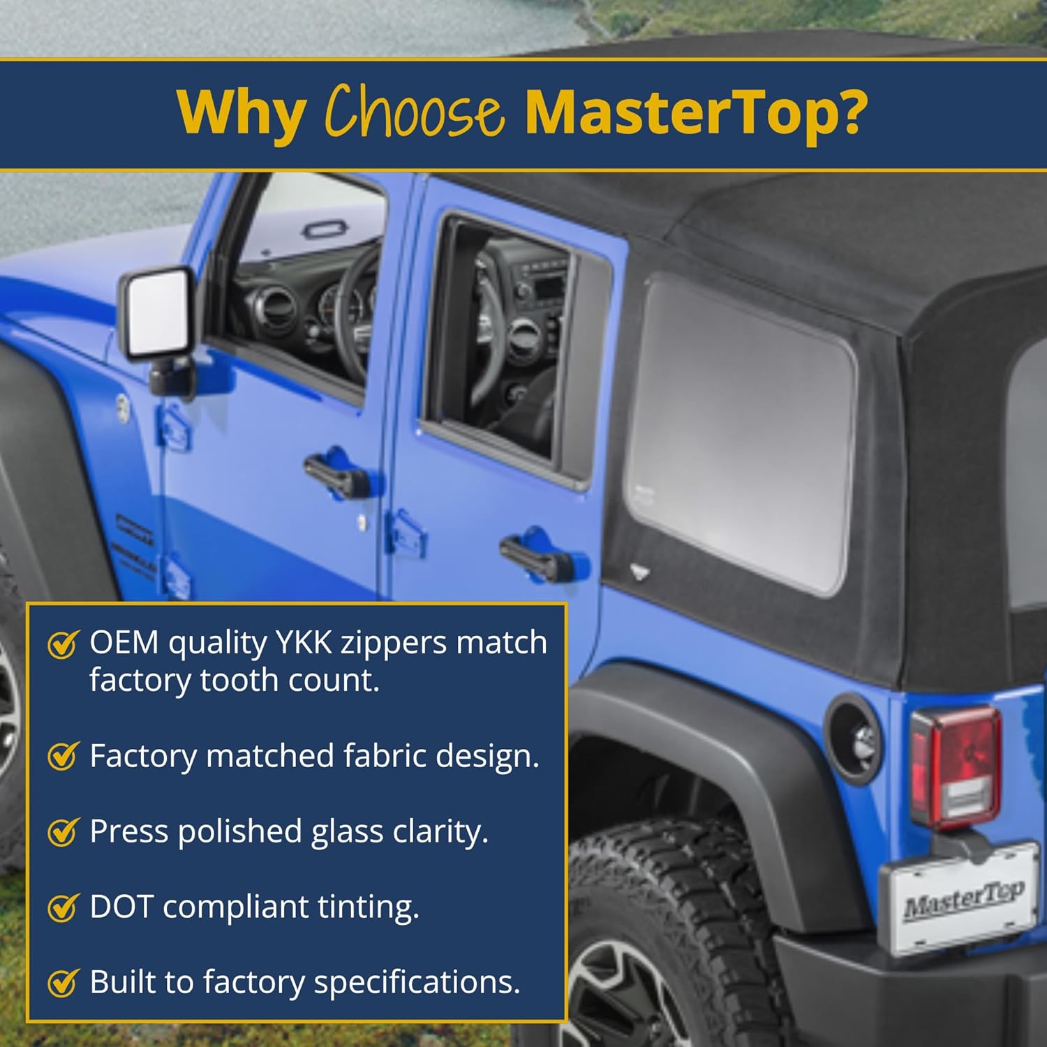 MasterTop Soft Top Replacement Quarter Window, Driver Side - Fits Jeep Wrangler JK 2007-2018 - Compatible with Mopar Factory Soft Tops (Fits 07-18 4-Door, Black Diamond)