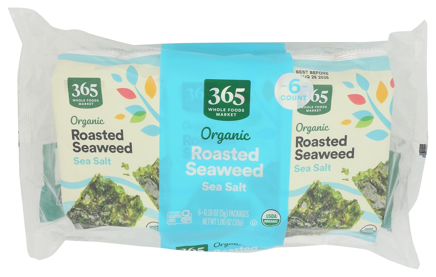 365 by Whole Foods Market Organic Sea Salt Roasted Seaweed Snacks, 6 Count 1.06 Oz - Crunchy Healthy Bites