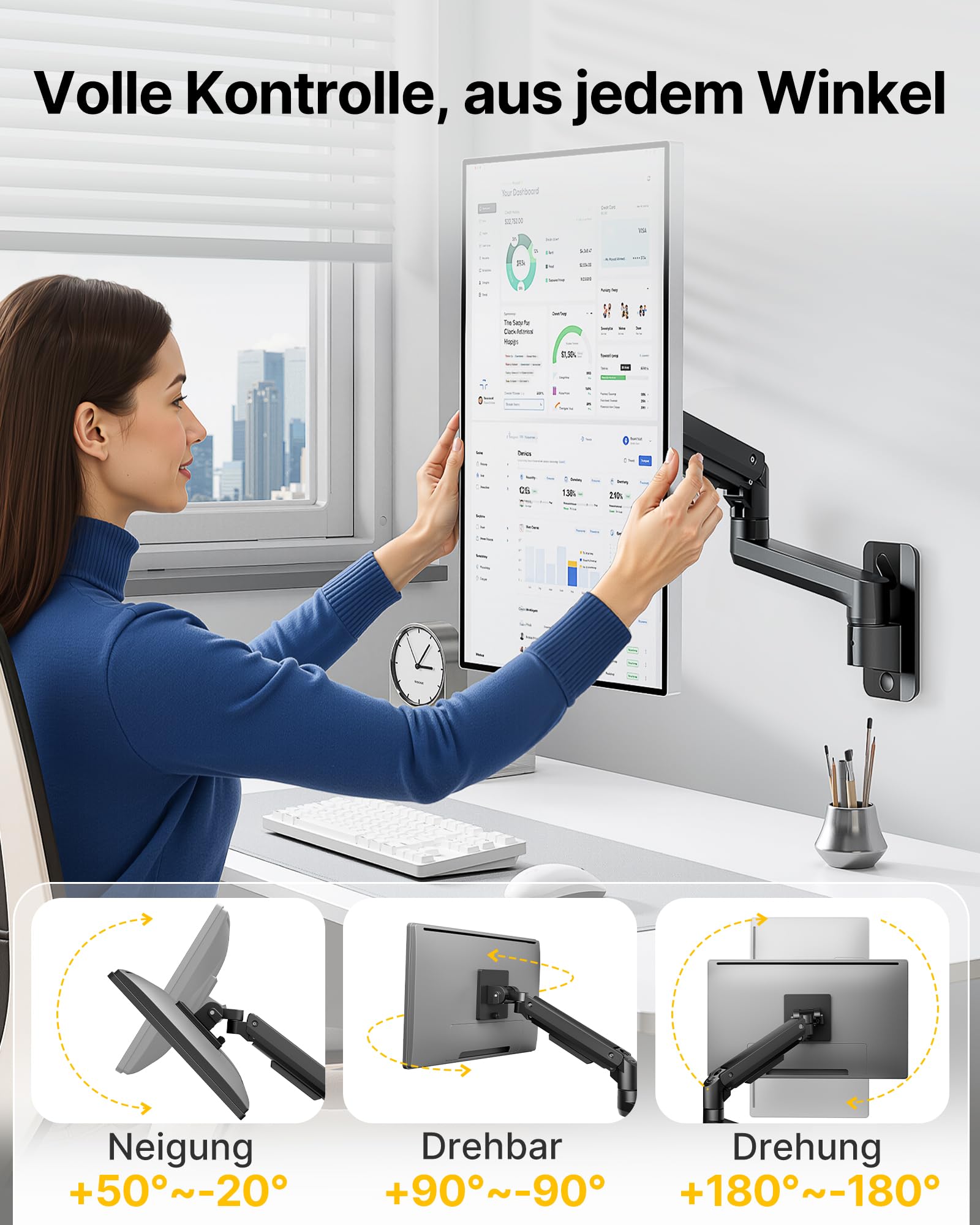 monTEK Ultrawide - Supporto da parete per monitor da 17-49 pollici | Supporto per monitor ad alte prestazioni, fino a 20 kg, braccio per monitor regolabile, 75 x 75/100 x 100 VESA, nero