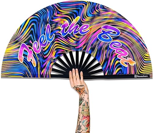 Miniatura 10 de Abanico Plegable Grande, Abanico Rave Clack de 13 Pulgadas, Abanico de Mano para Mujeres y Hombres con Tela de Satén Premium, Marco de Bambú Grueso