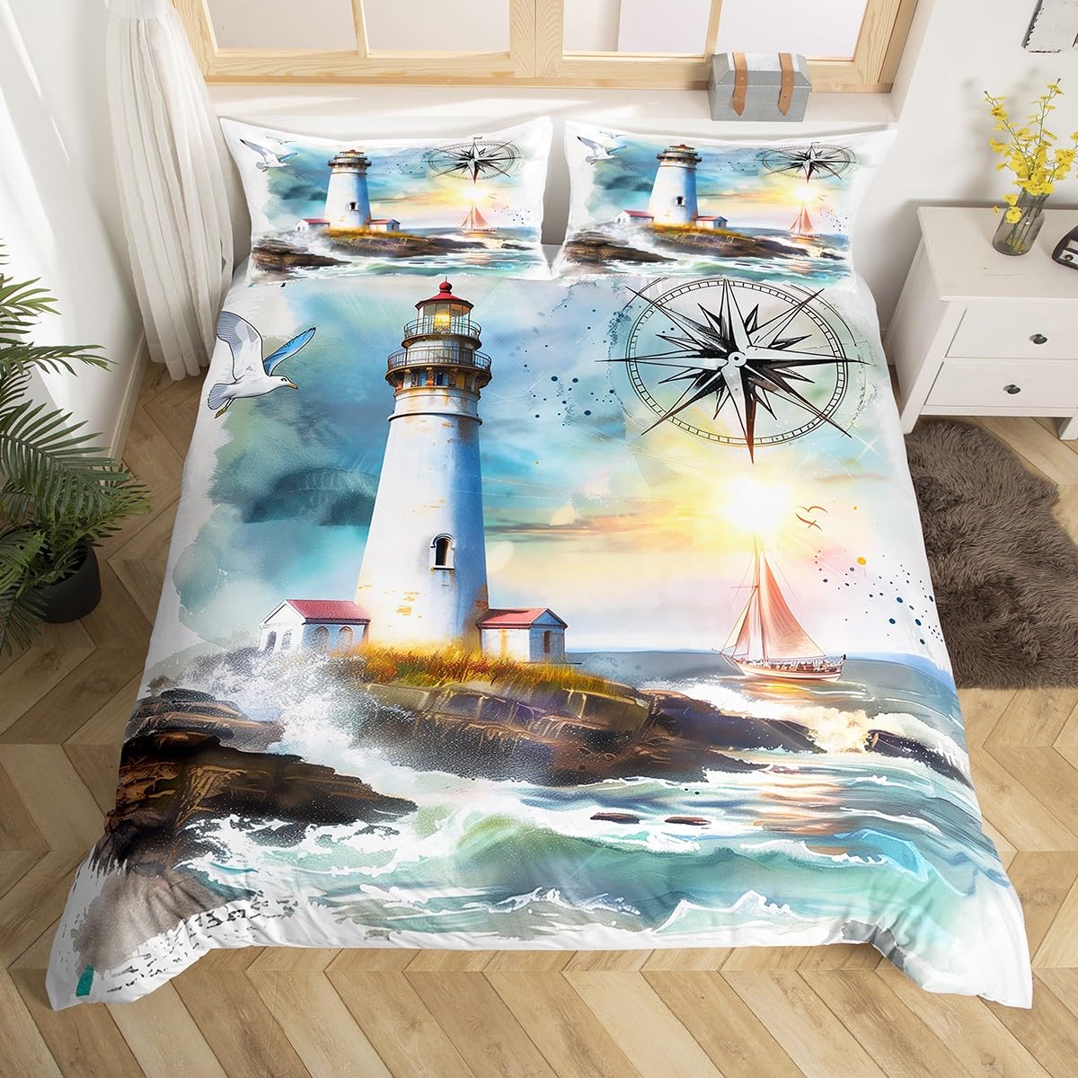 Housse de couette phare et boussole pour chambre enfant thème aventure
