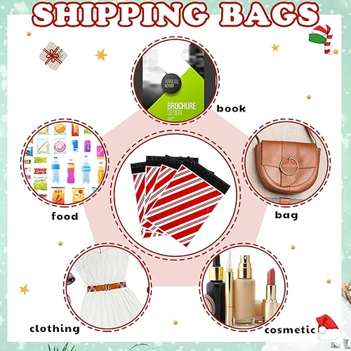Miniatura 5 de Zhanmai 100 sobres de polietileno navideños de 10 x 13 pulgadas, bolsas de envío de bastones de caramelo, bonitos sobres autoadhesivos, bolsas de