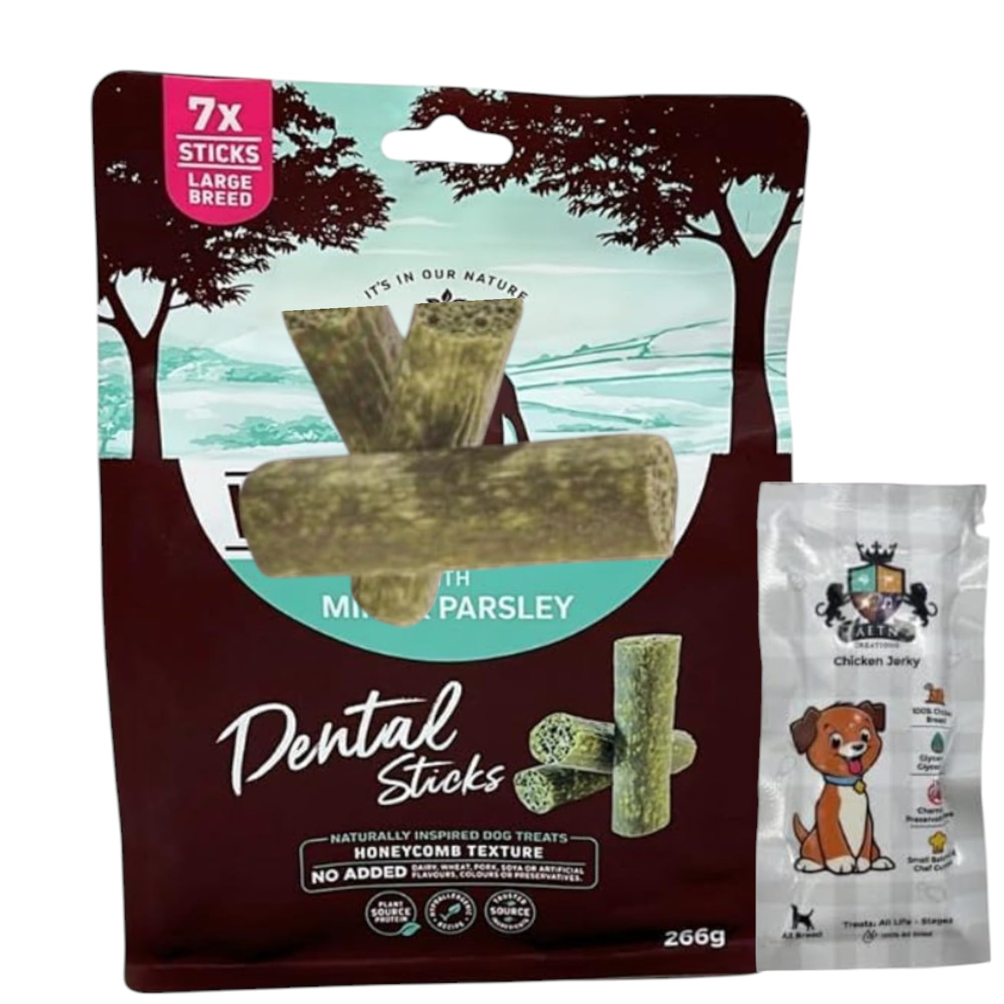 AETN Creations Bundle of Dental Sticks for Large Breed Dogs in Mint and Parsley 1x7 (266g) Sticks to Support Oral Health pus AETN Chicken Jerky Treat