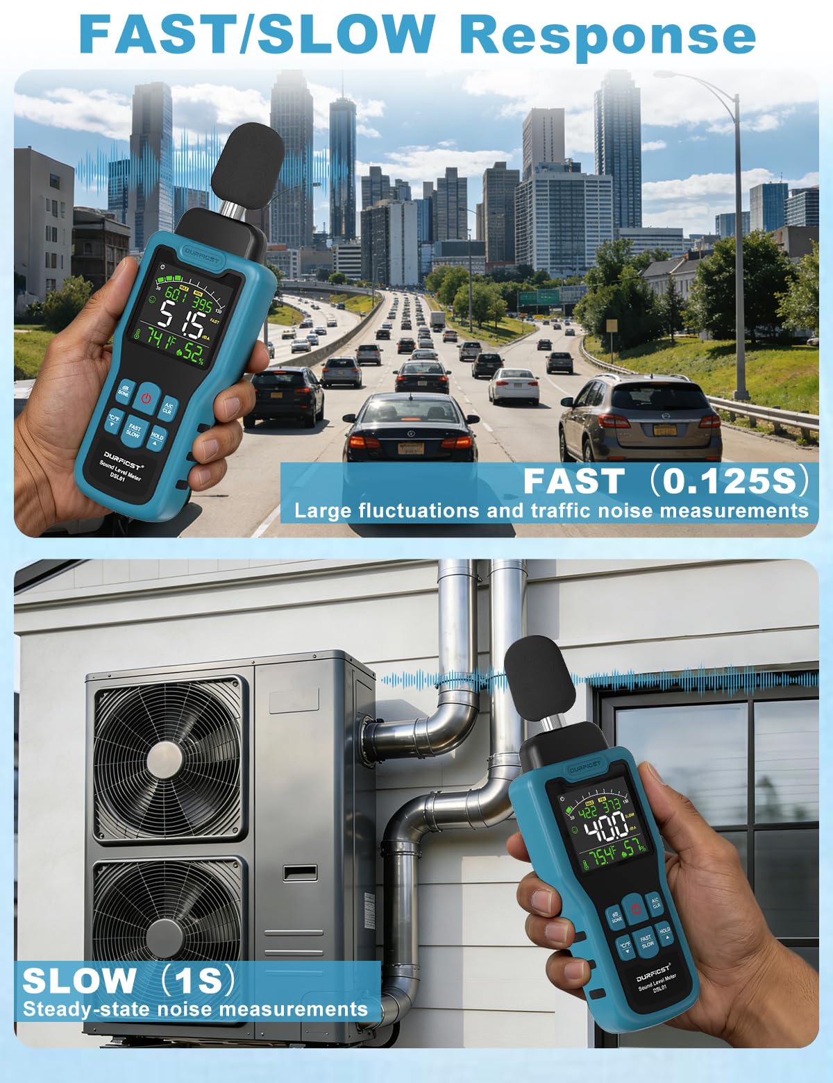 Sonometro, DURFICST Medidor de Decibelios con Temperatura y Humedad, Rango de 30-130 dB, Decibelimetro con Pantalla LCD a Color, Ponderación A/C, Unidad dB/SON, Respuesta RÁPIDA/LENTA, para Doméstico