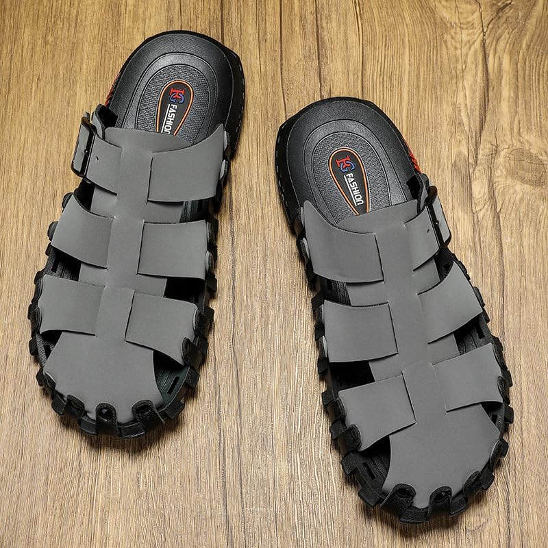 Mens Leather Beach Slides Sandals For Men Closed Toe Hiking Outdoor Athletic Casual Walking Sandals Water Shoes Summer Fisherman