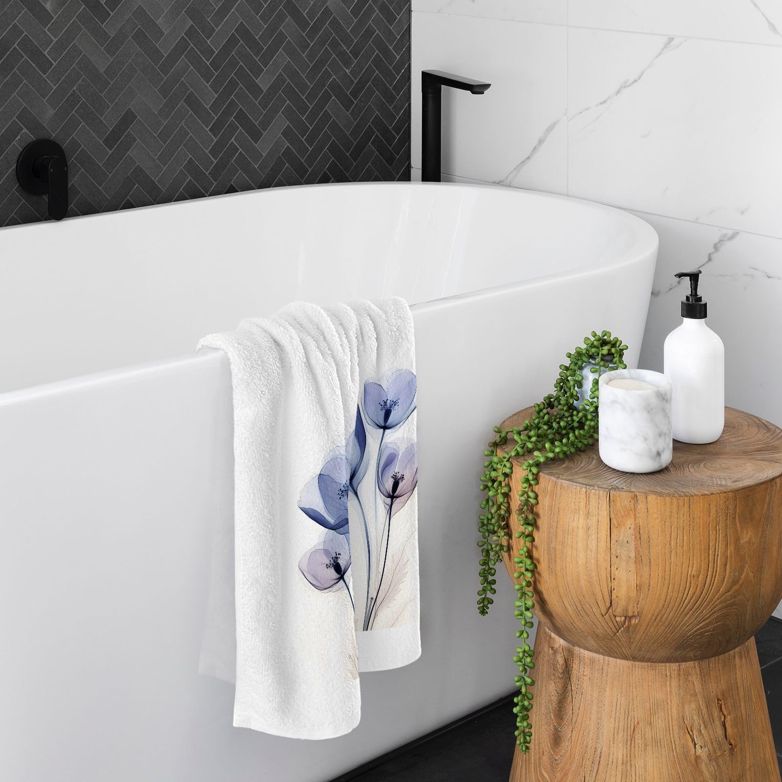 ALAZA Hand Towel Set of 2 100% Cotton Bath Towels Purple Blue Tulip for Bathroom Housewarming Decor Gifts