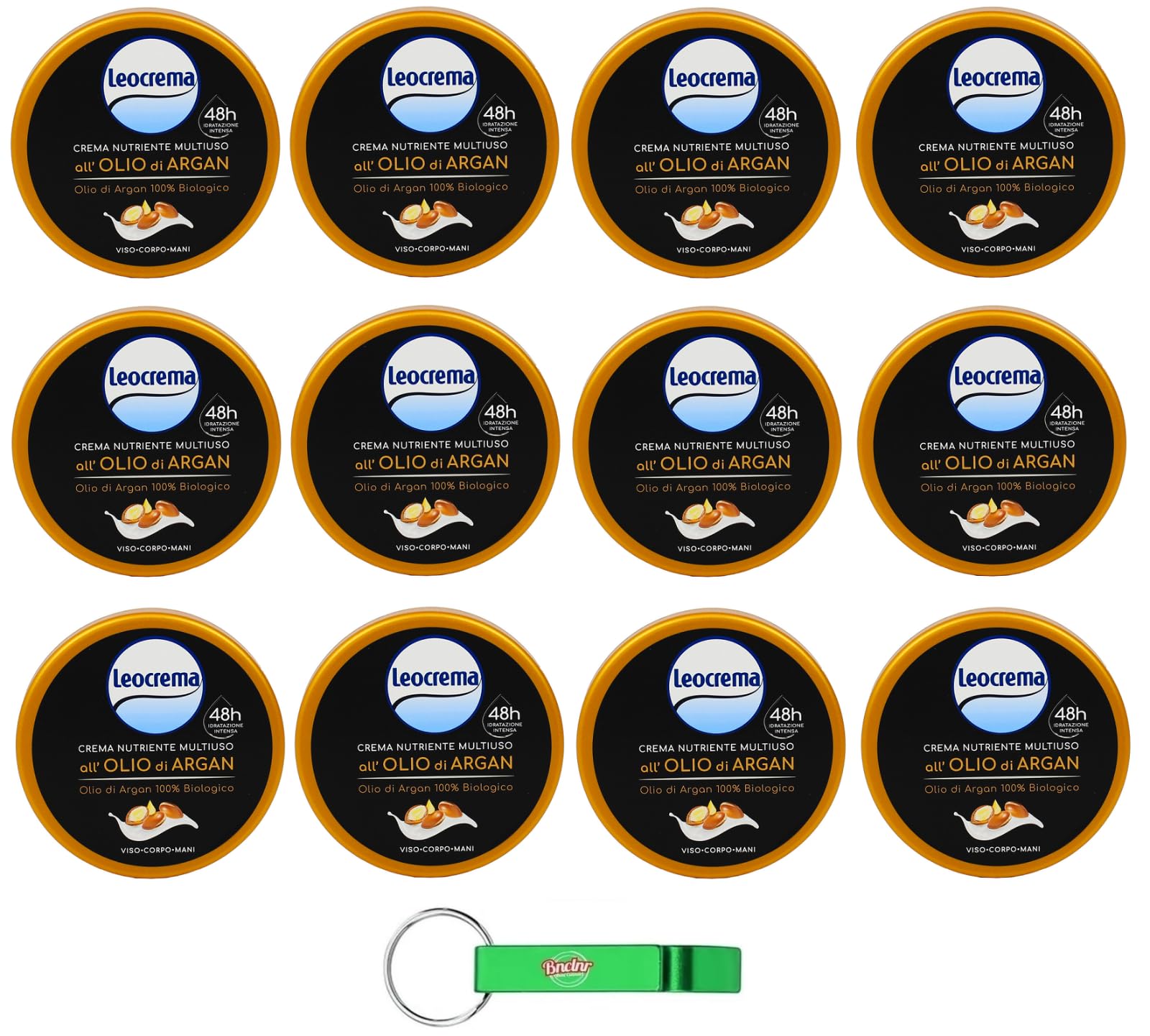 12 X Leocrema Crema Nutriente Multiuso all'Olio di Argan, crema nutriente multiuso con olio di argan al 100%, ideale per viso, corpo e mani crema corpo 150 ml + portachiavi Beni Culinari