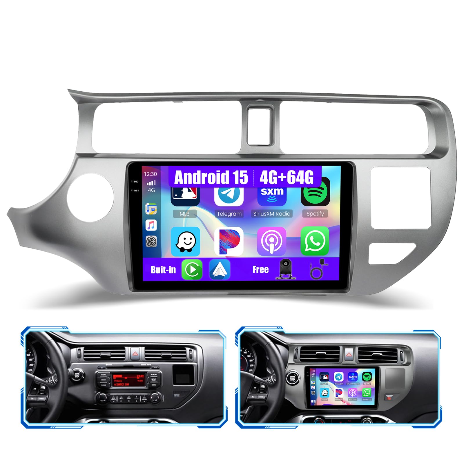 [4G+64G] Inefala Android 15 Radio Coche para Kia Rio 2012-2015 con Wireless Carplay Android, 9 Pulgadas Pantalla Autoradio con Navi GPS WiFi RDS/FM Bluetooth EQ SWC Cámara Trasera Mic