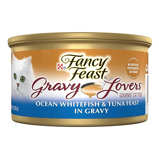 Purina Fancy Feast Gravy Lovers Ocean Whitefish and Tuna Feast Grilled Gourmet Cat Food in Wet Cat Food Gravy - (Pack of 24) 3 oz. Cans