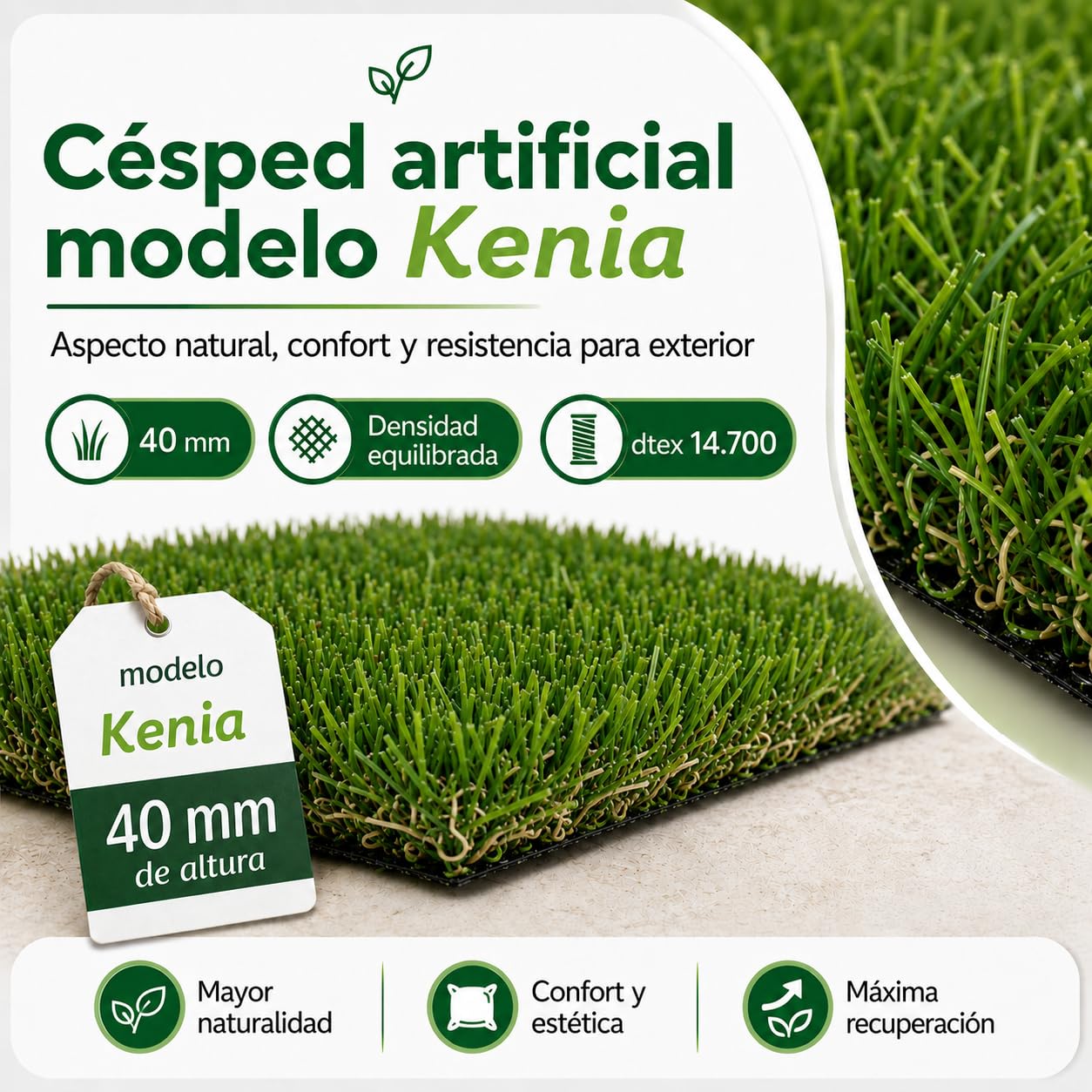 Césped Artificial KENIA 40 mm - Realismo, Durabilidad y Confort para Jardines y Terrazas - 14.700 DTEX - Drenaje de 800 l/h/m² - Rollo 2x5 Metros