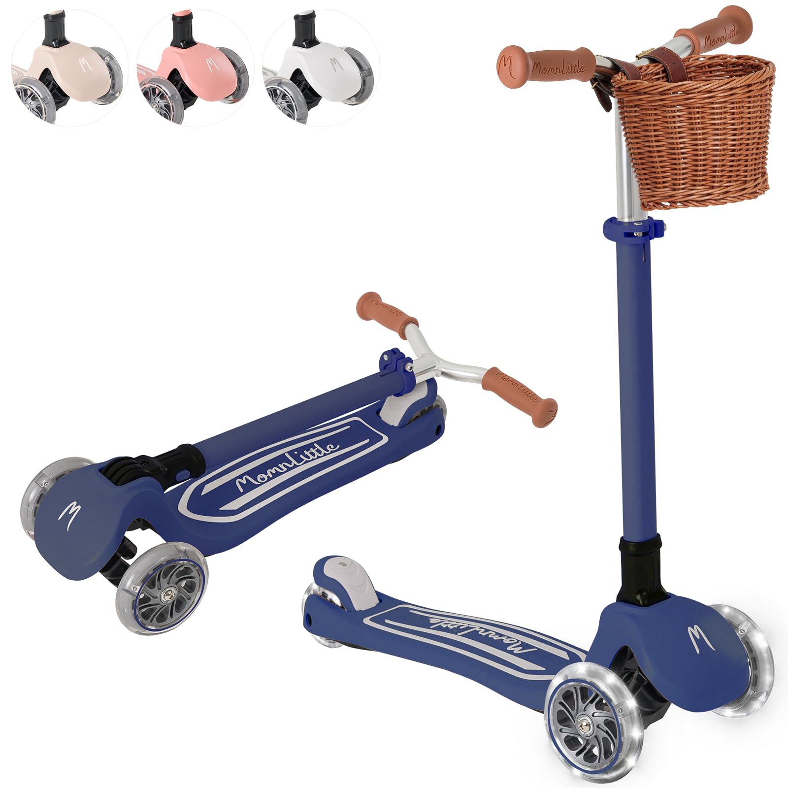 MomnLittle Kick Scooter for Kids Ages 3-10 (Beige/Pink/Navy/White) 3 Wheeled with LED Light-Up Wheels CPSC Certified Foldable and 4 Height Adjustable