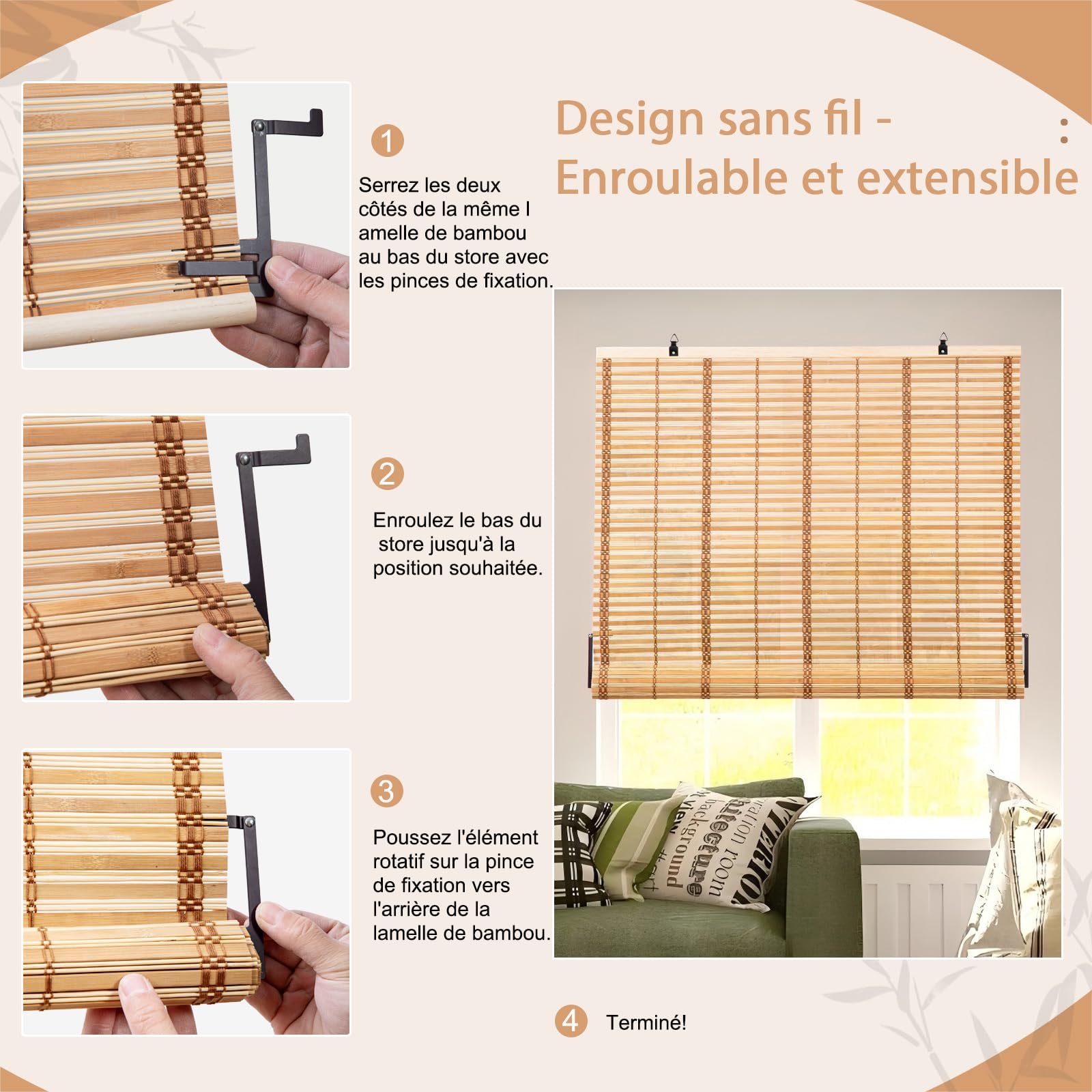 Store Enrouleur Rétro Bambou Bois Naturel, Pare-Soleil Enroulable, Filtrage de la Lumière, Anti-UV, pour intérieur/Jardin/fenêtre, Marron Clair, 80 x 160 cm