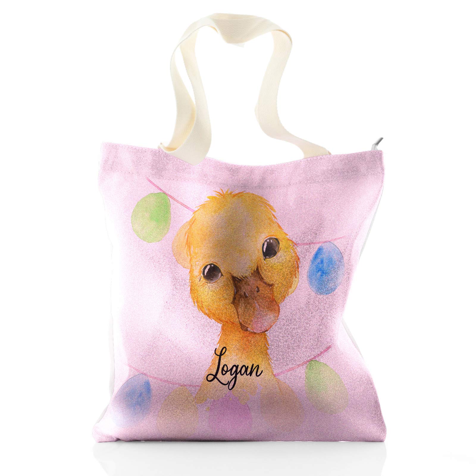 Hairyworm Personalised Tote Bag, Pink Glitter Bag Customised with Initial/Name/Text, Yellow Duck Buntin Design, Gift bag, Shopping Bag, Size: (37cm x 34cm)