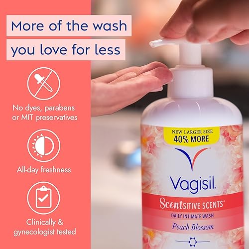 Miniatura 3 de Vagisil Jabón de Lavado Femenino para Higiene del Área Íntima, Aromas Sensibles, pH Equilibrado y Ginecológicamente Probado, Flor de Melocotón, 16.9