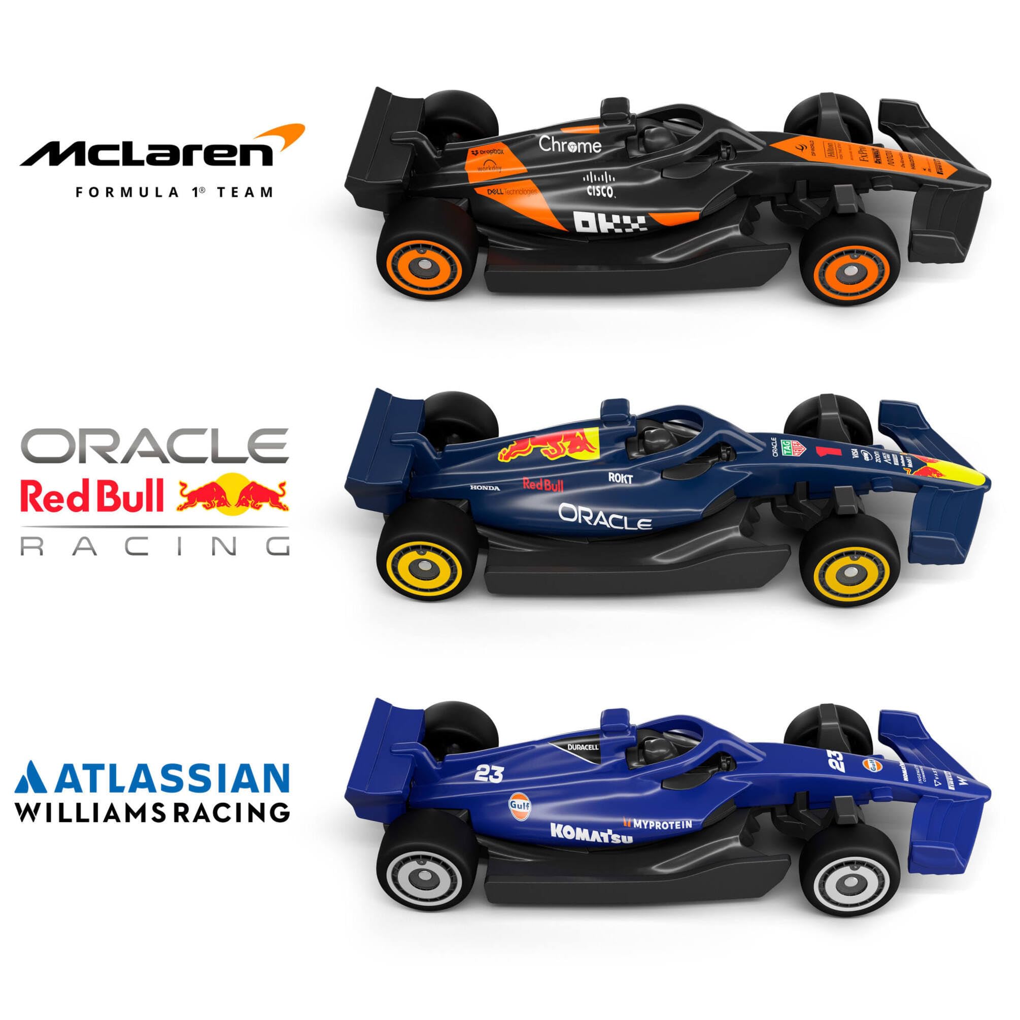 Hot Wheels Circuito Sprint Race con 3 Coches de Juguete | Circuito con coches de juguete McLaren F1 Team, Oracle Red Bull Racing y Atlassian Williams Racing a escala 1:64, JNN32