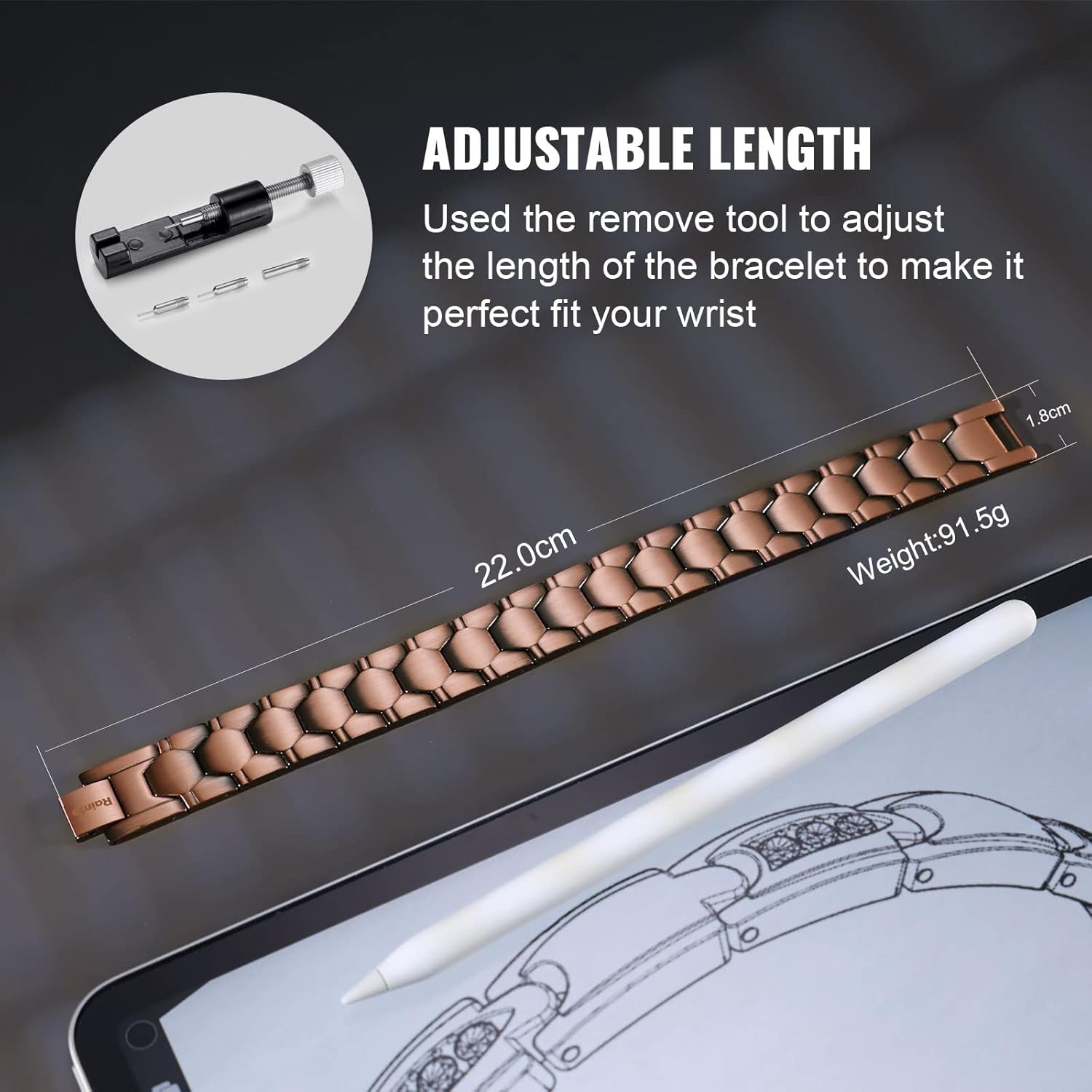 RainSo Copper Magnetic Mracelets for Men with Double-Row Strong Magnets 3800 Gauss Adjustable Jewelry with Sizing Tool&Box Gift