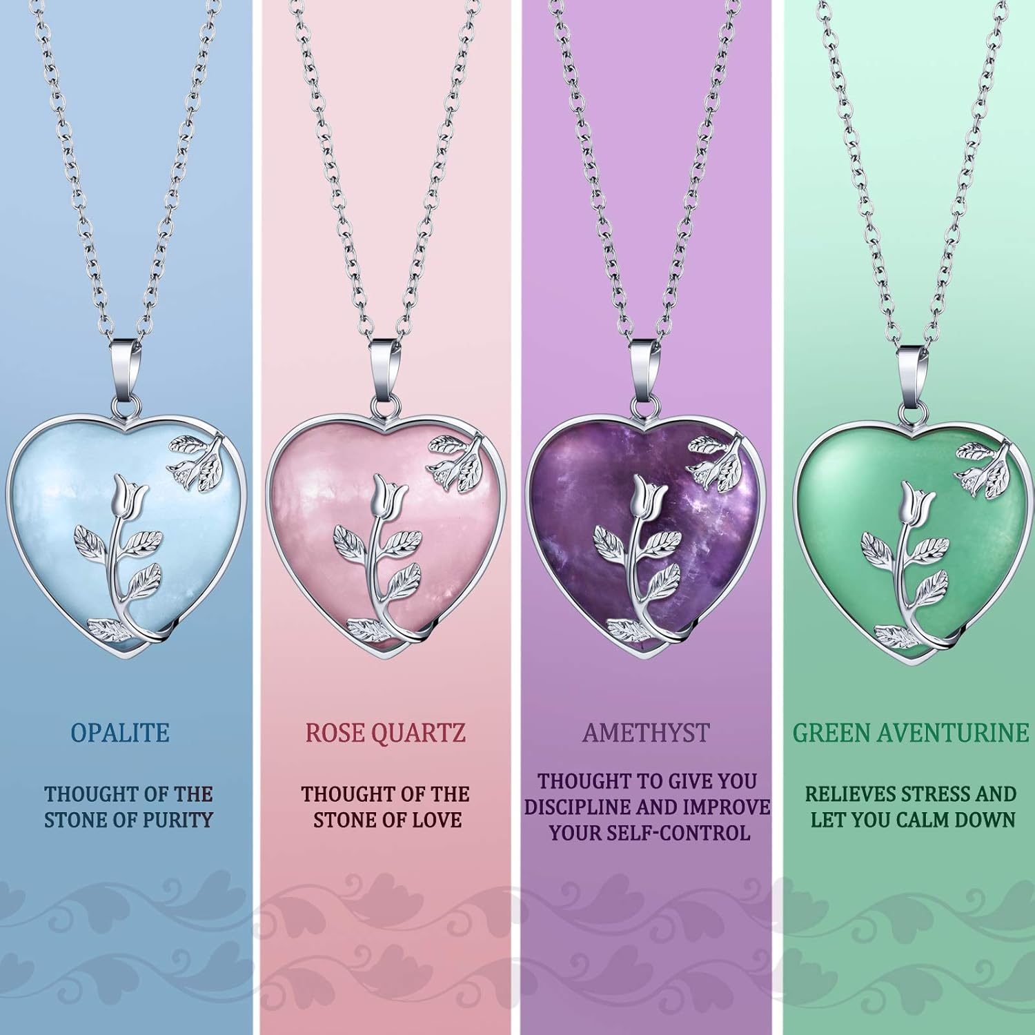 Hicarer 6 Pcs Heart Healing Crystal Necklaces for Women Silver Flower Quartz Gemstone Pendant Necklace Valentines Wife Gifts - Image 3