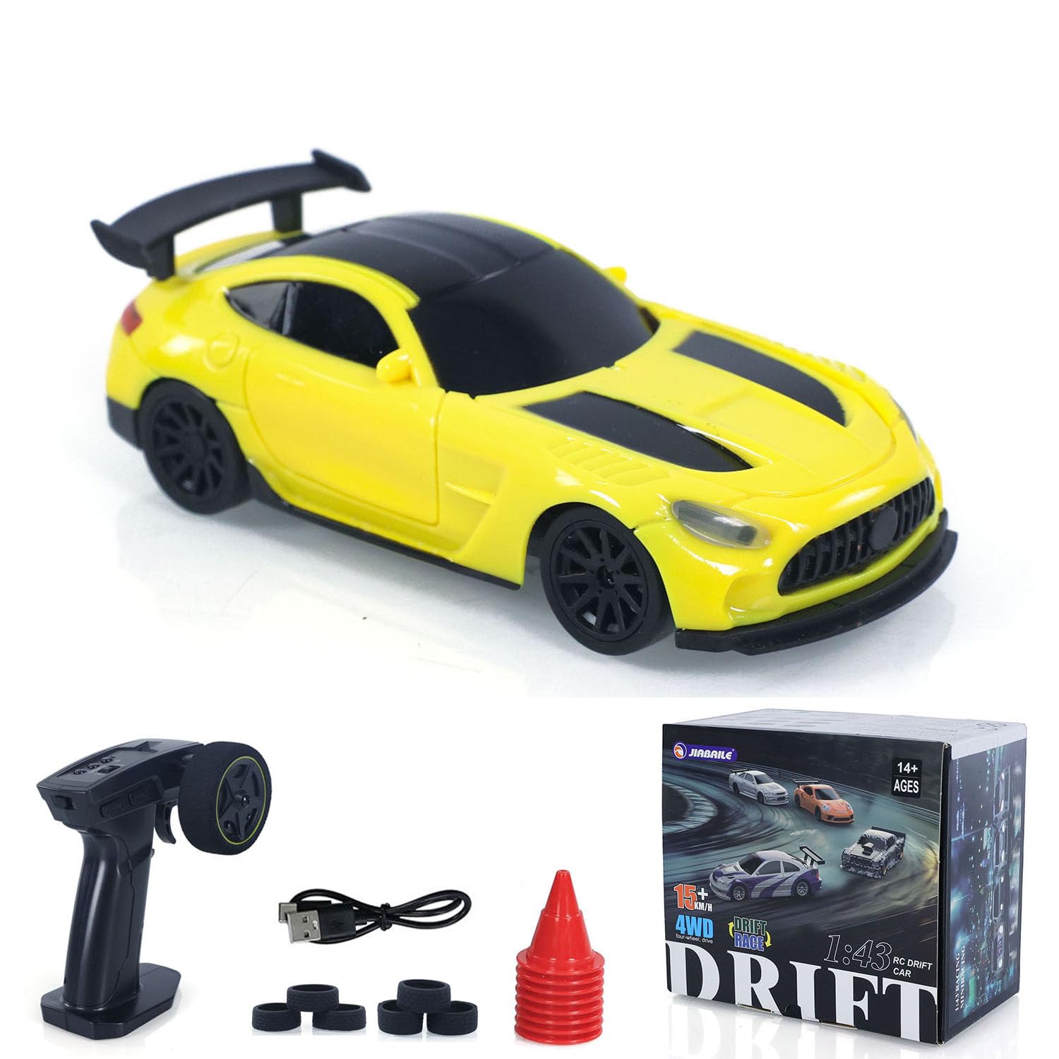 US in Stock, RTR 4310 1/43 Remote Control Drift Car 4WD RC Racing Vehicles Radio Battery Light Effects No Sounds Mini Car Toy Model Gift Hobby Grade Model for Ages 14+(Yellow)