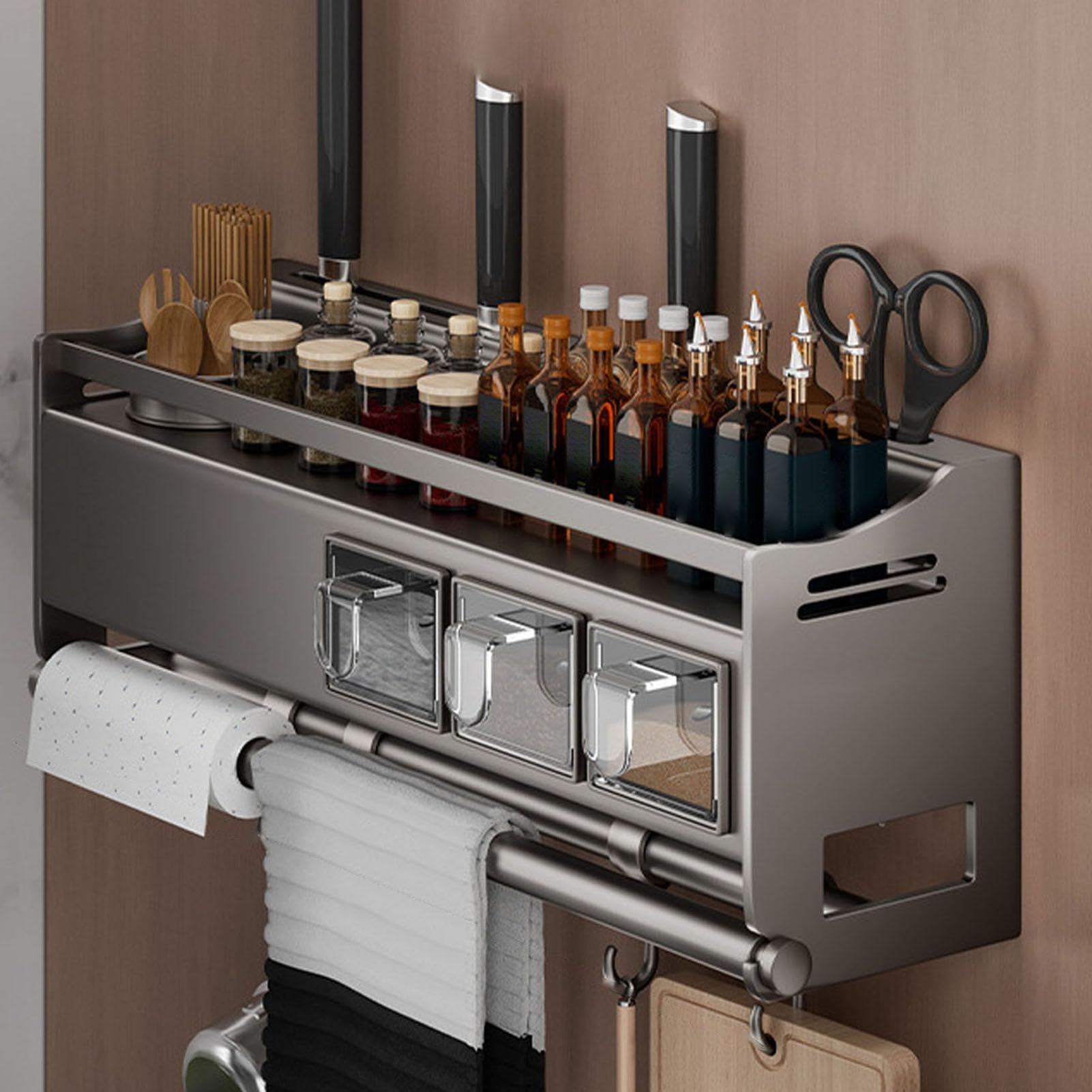 Especieros Pared para Cocina, Soportes para Botes de Especias, Estanteria Cocina Colgante, Organizador Cocina Sin Taladro, Organizador Especias para Guardar Especias, Latas, Tarros,34cm