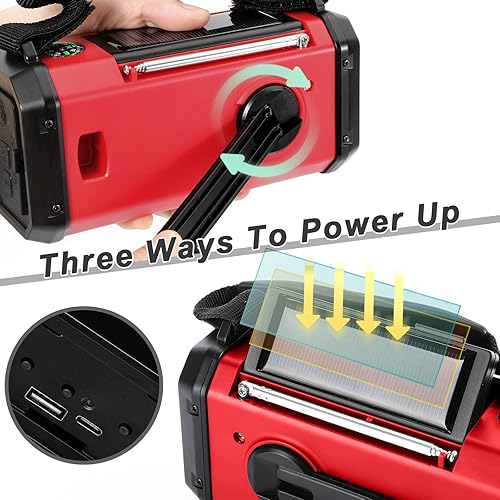 Miniatura 5 de Radio de manivela de emergencia, 10000 mAh37000 mWh AMFMNOAA, radio meteorológica solar, manivela de manocarga USB, linterna LED y cargador de