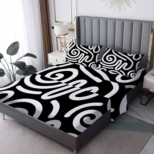 Juego de sábanas tamaño California King en blanco y negro, sábanas de cama abstractas, microfibra suave, bolsillo profundo, sábanas y fundas de