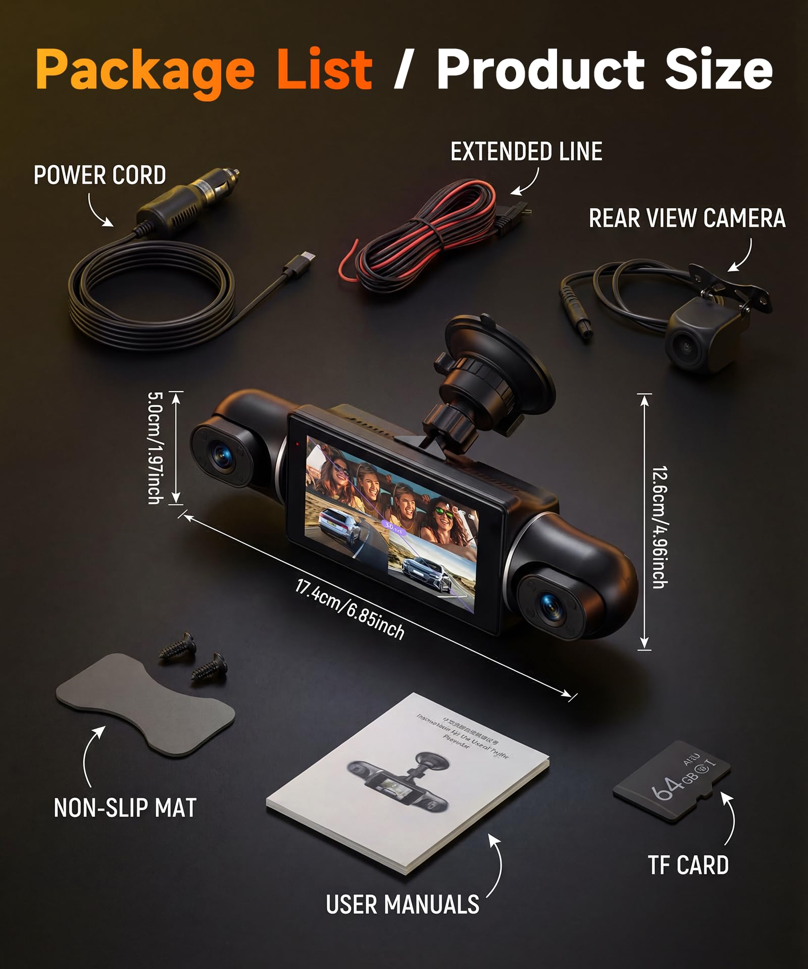 VECHTEL 2K/1080P Dashcam per auto anteriore e posteriore con WiFi, 4* Dash Cam Telecamera per auto con schermo IPS da 3 pollici,visione notturna,sensore G,protezione a 360 gradi,Con 64GB SD Card