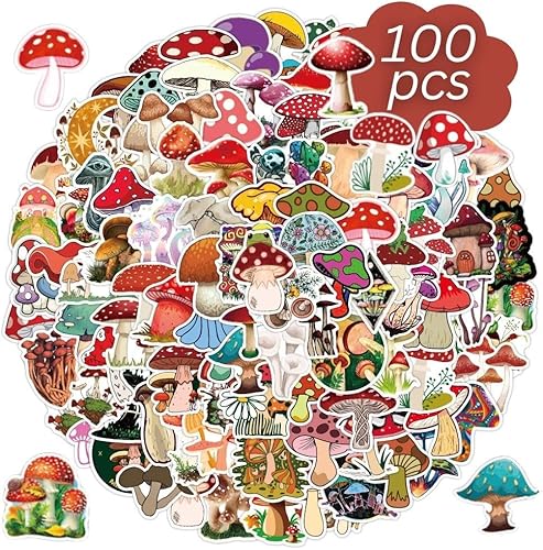 Miniatura 1 de Adeela 100 calcomanías lindas de hongos para botellas de agua, bonitas calcomanías, paquete de calcomanías de hongos, calcomanías para laptop,