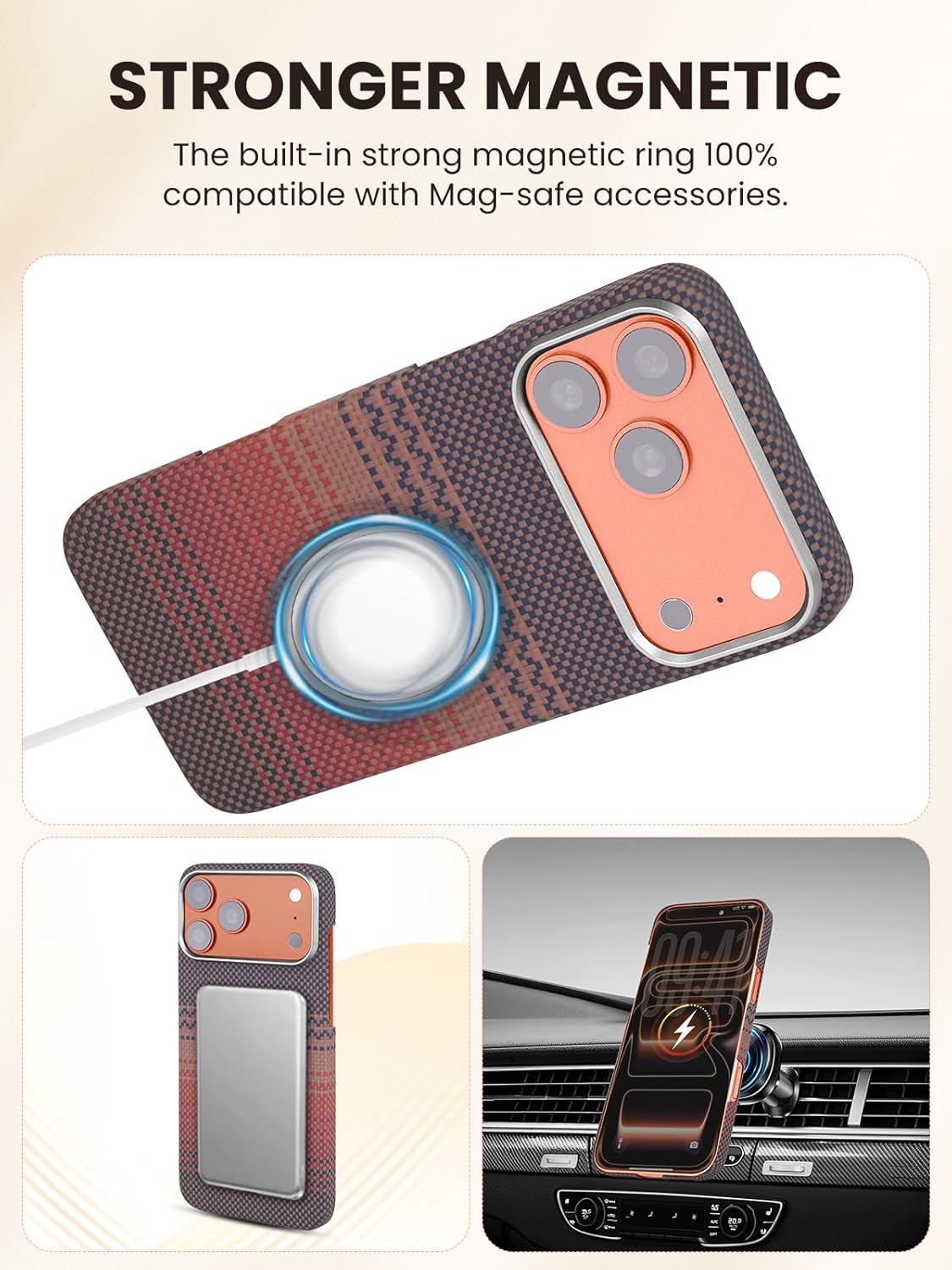 Ultra Slim Carbon Fiber Case Compatible with iPhone 17 Pro Max, 600D Real Aramid Fiber, Lightweight Protective Cover Compatible with Magsafe,Nonslip Matte Finish, Caseless Feel, (Sunset)